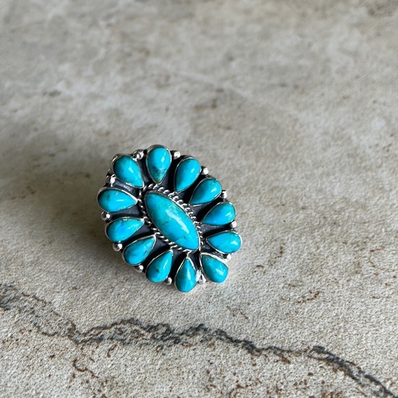 Vintage Jewelry - Real turquoise stone squash blossom ring sterling silver 925 size 7